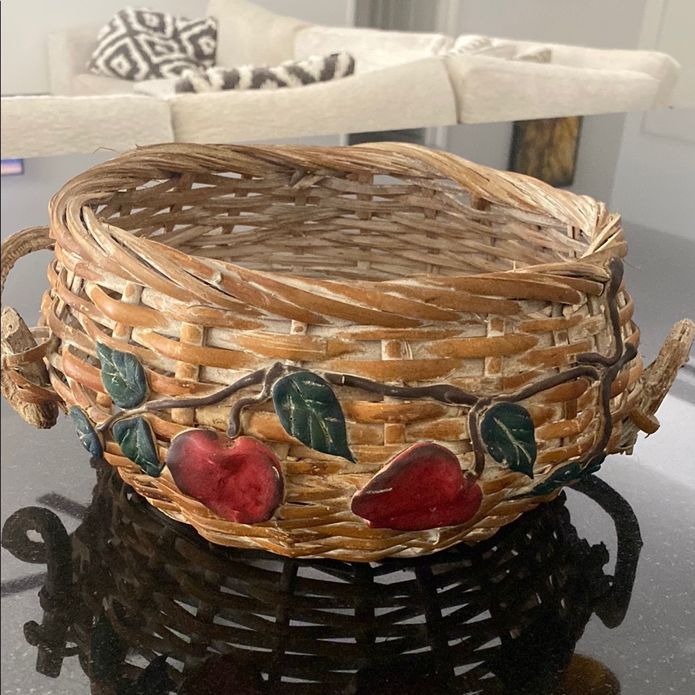 Vintage Woven Handmade Basket, Branch Handles, Hand Painted Apple Embellishment